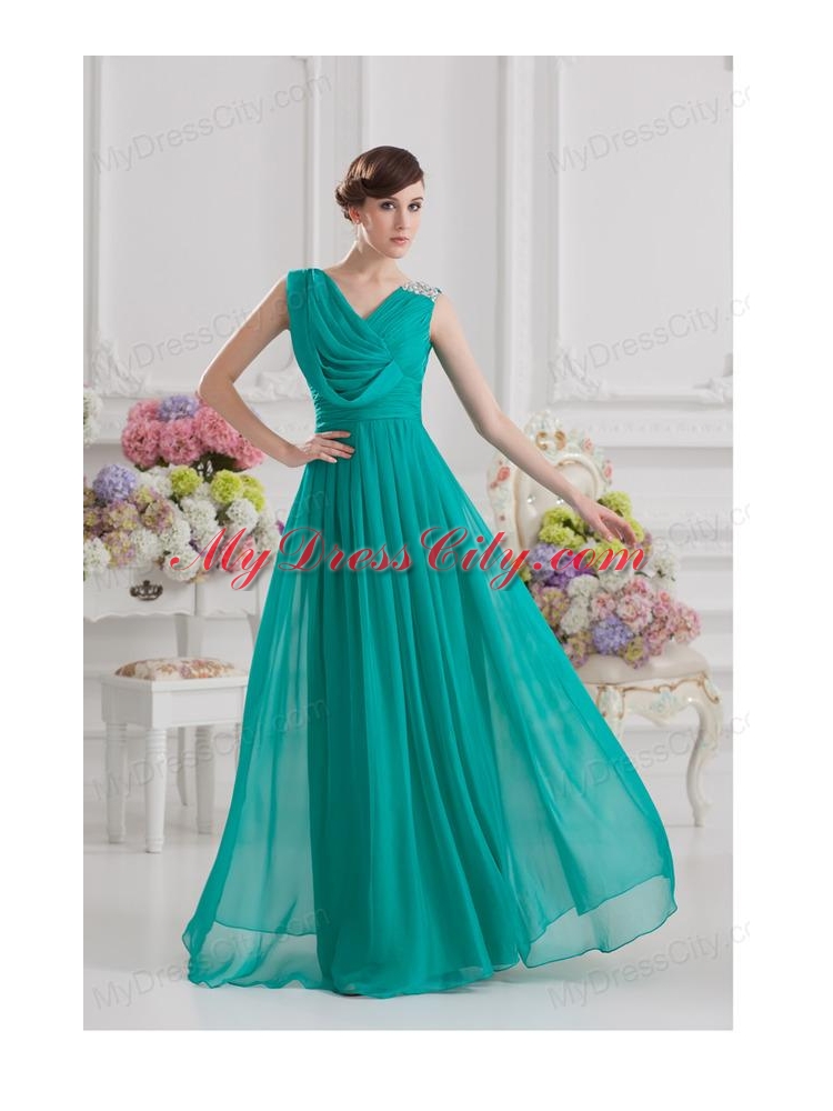 V-neck Empire Turquoise Chiffon Prom Dress with Ruching and Beading