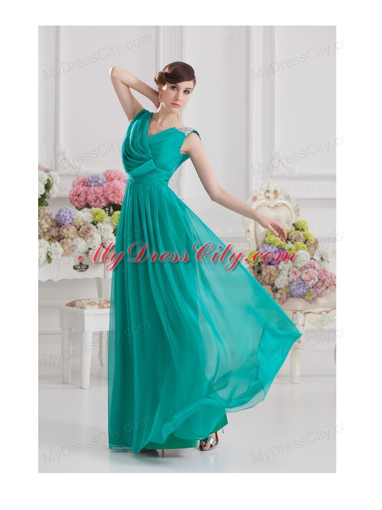 V-neck Empire Turquoise Chiffon Prom Dress with Ruching and Beading