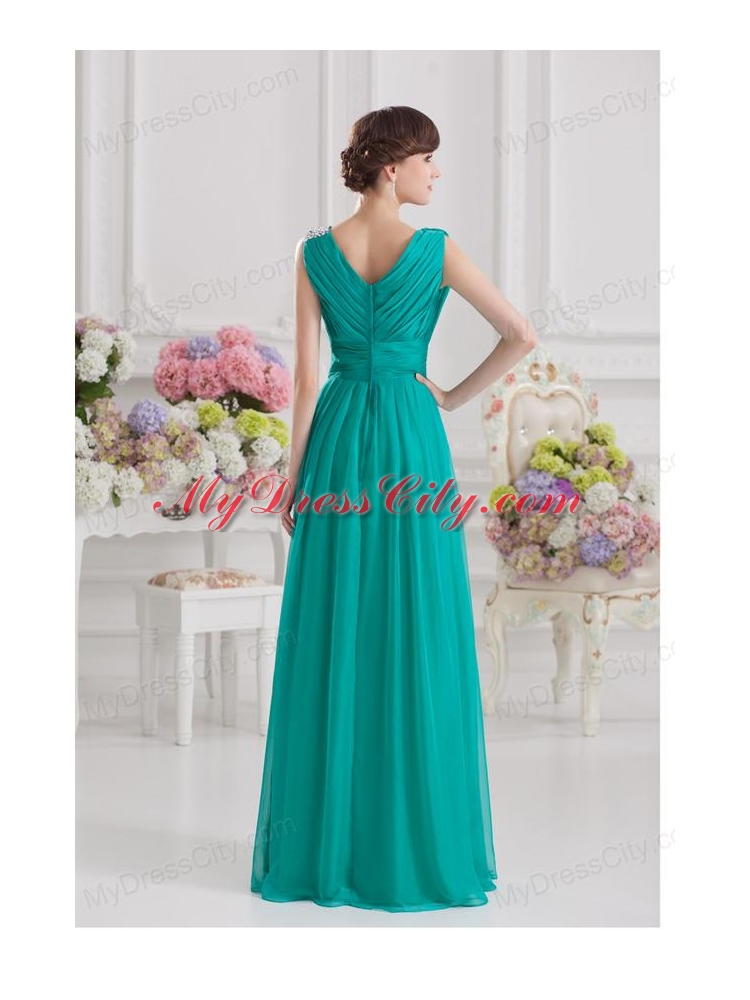 V-neck Empire Turquoise Chiffon Prom Dress with Ruching and Beading