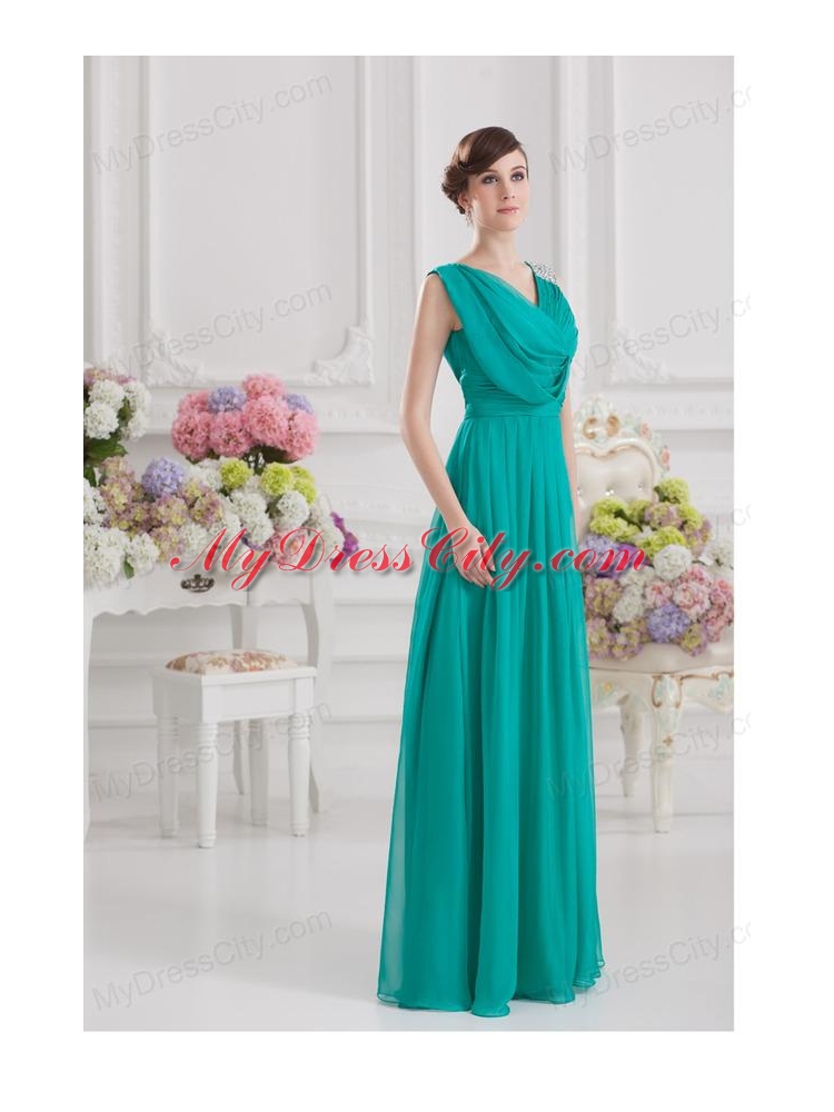 V-neck Empire Turquoise Chiffon Prom Dress with Ruching and Beading