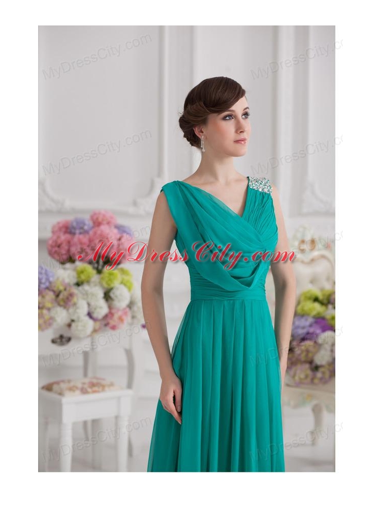 V-neck Empire Turquoise Chiffon Prom Dress with Ruching and Beading