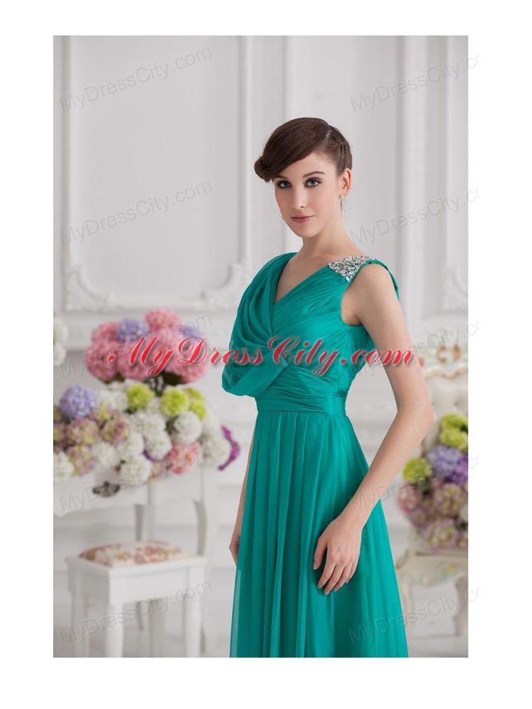 V-neck Empire Turquoise Chiffon Prom Dress with Ruching and Beading