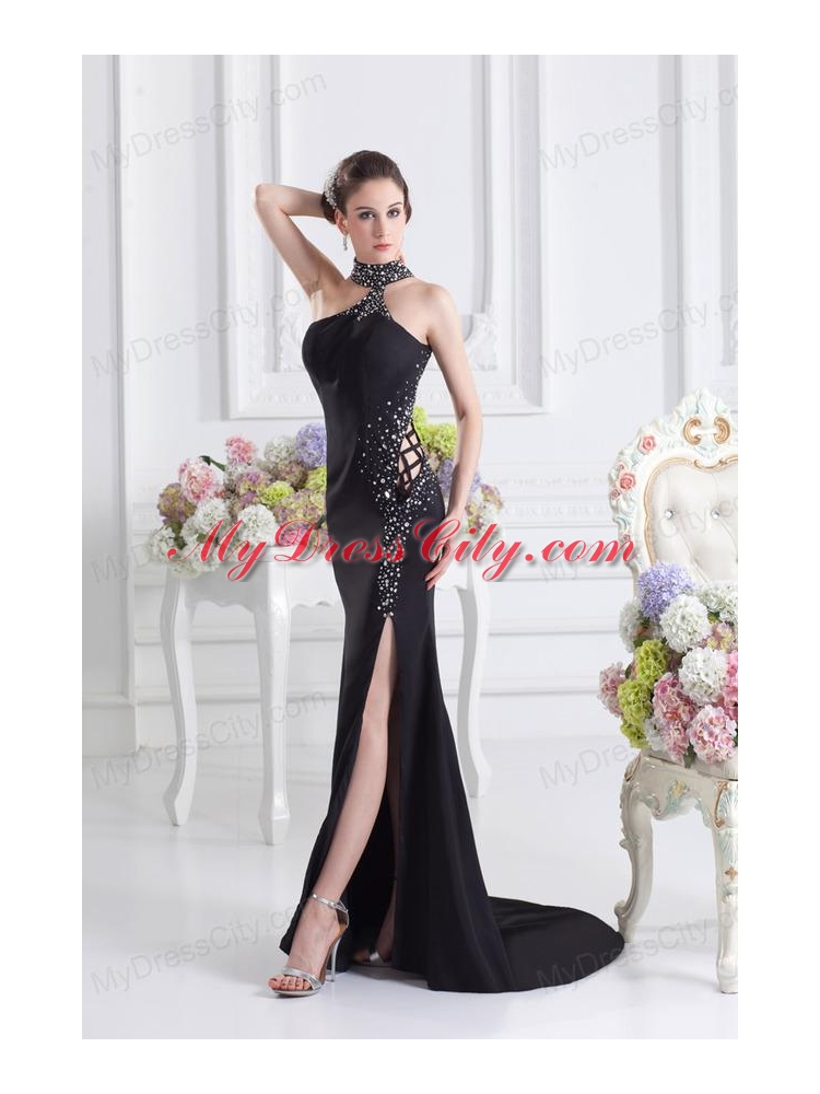 2014 Black Halter Top Empire Prom Dress with Beading