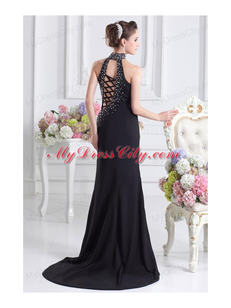 2014 Black Halter Top Empire Prom Dress with Beading