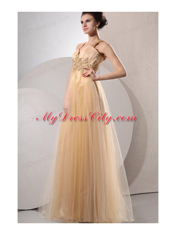 A-line Gold Straps Appliques and Ruching Floor-length Organza Prom Dress