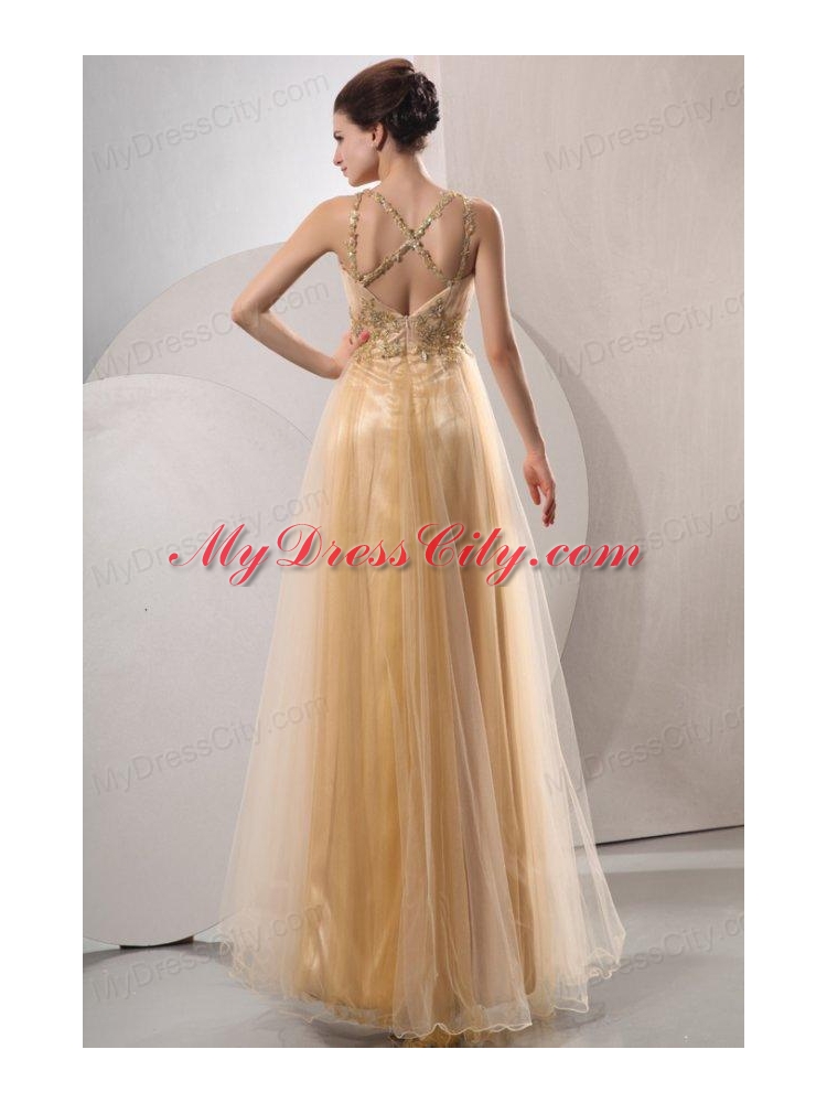 A-line Gold Straps Appliques and Ruching Floor-length Organza Prom Dress