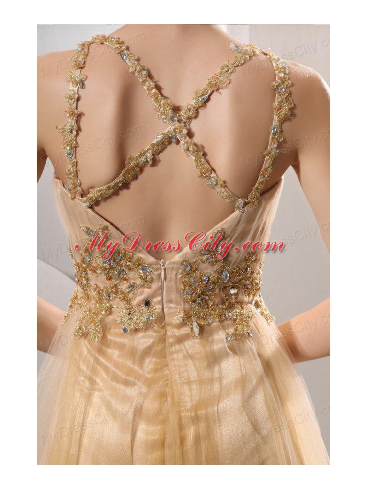 A-line Gold Straps Appliques and Ruching Floor-length Organza Prom Dress