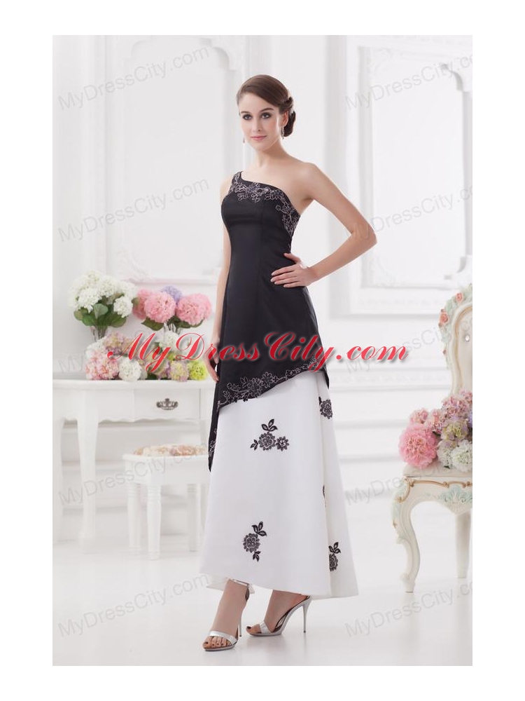 A-line One Shoulder Embroidery Black and White Ankle-length Prom Dress