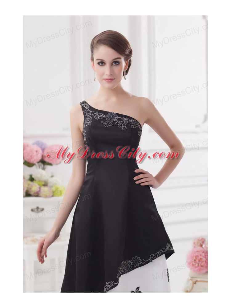 A-line One Shoulder Embroidery Black and White Ankle-length Prom Dress