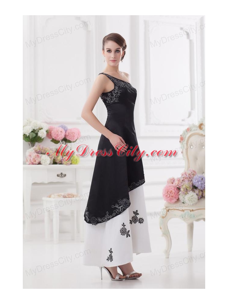 A-line One Shoulder Embroidery Black and White Ankle-length Prom Dress