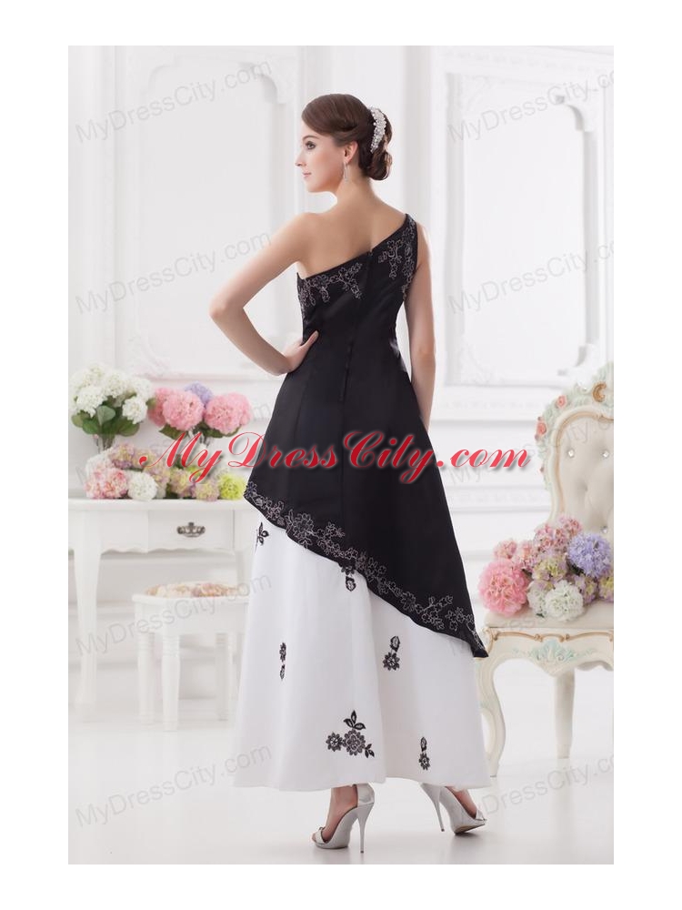 A-line One Shoulder Embroidery Black and White Ankle-length Prom Dress