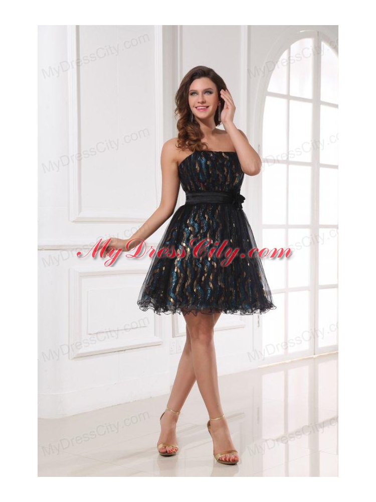 A-line Sequins Strapless Belt Black Knee-length Prom Dress