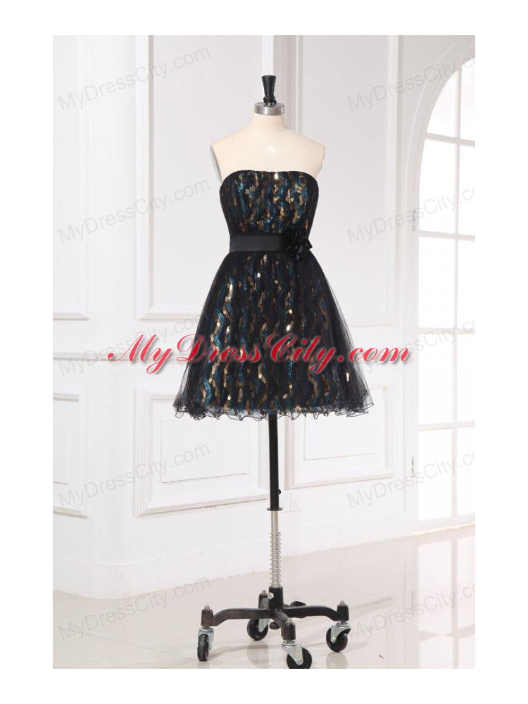 A-line Sequins Strapless Belt Black Knee-length Prom Dress