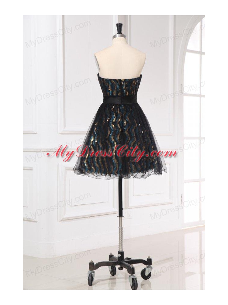 A-line Sequins Strapless Belt Black Knee-length Prom Dress