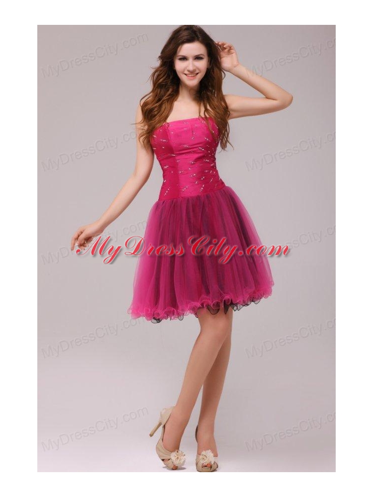 A-line Strapless Beading Organza Fuchsia Prom Dress