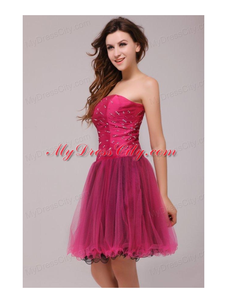 A-line Strapless Beading Organza Fuchsia Prom Dress