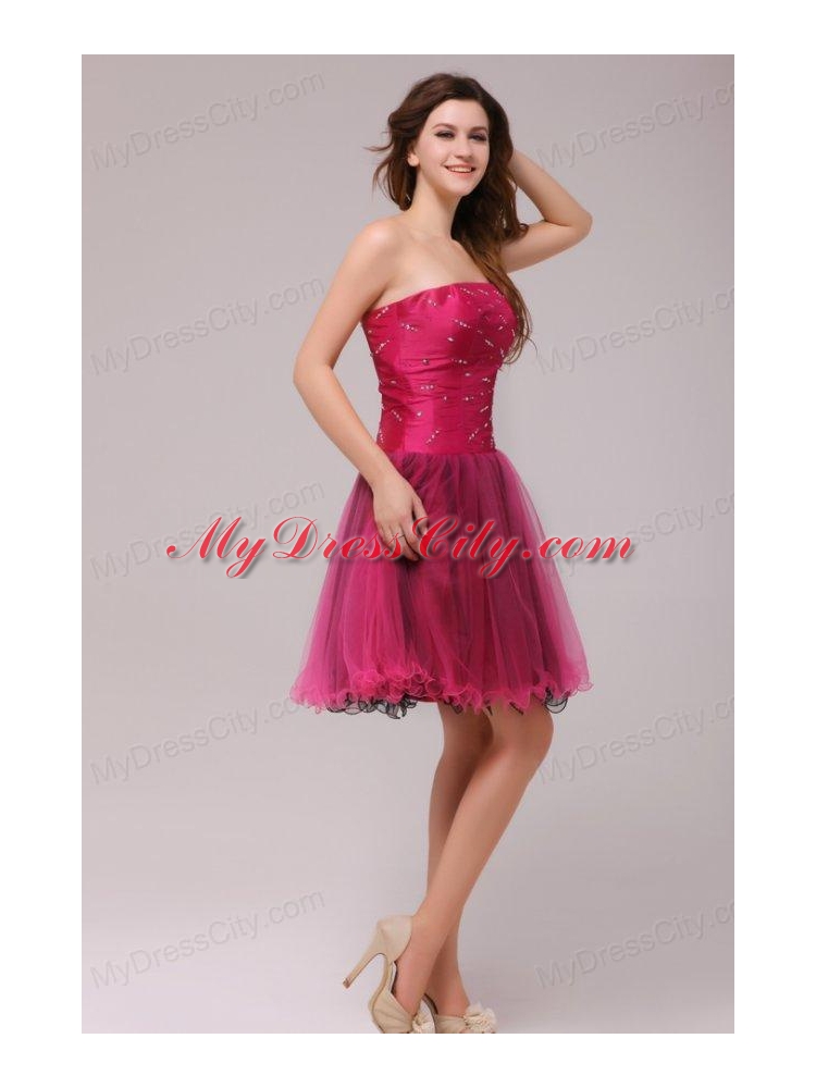 A-line Strapless Beading Organza Fuchsia Prom Dress