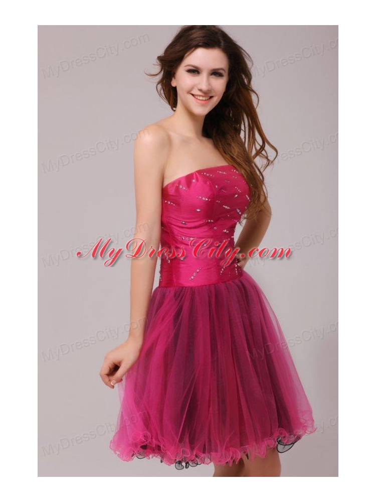 A-line Strapless Beading Organza Fuchsia Prom Dress