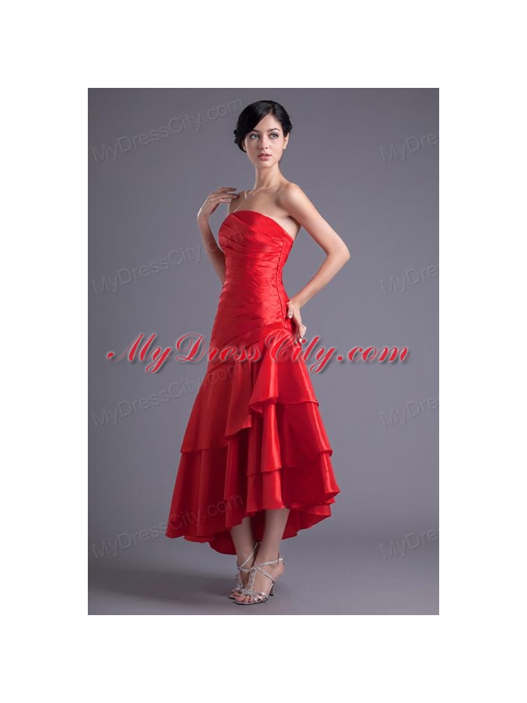 A-line Wine Red Strapless Ruching Asymmetrical Prom Dress