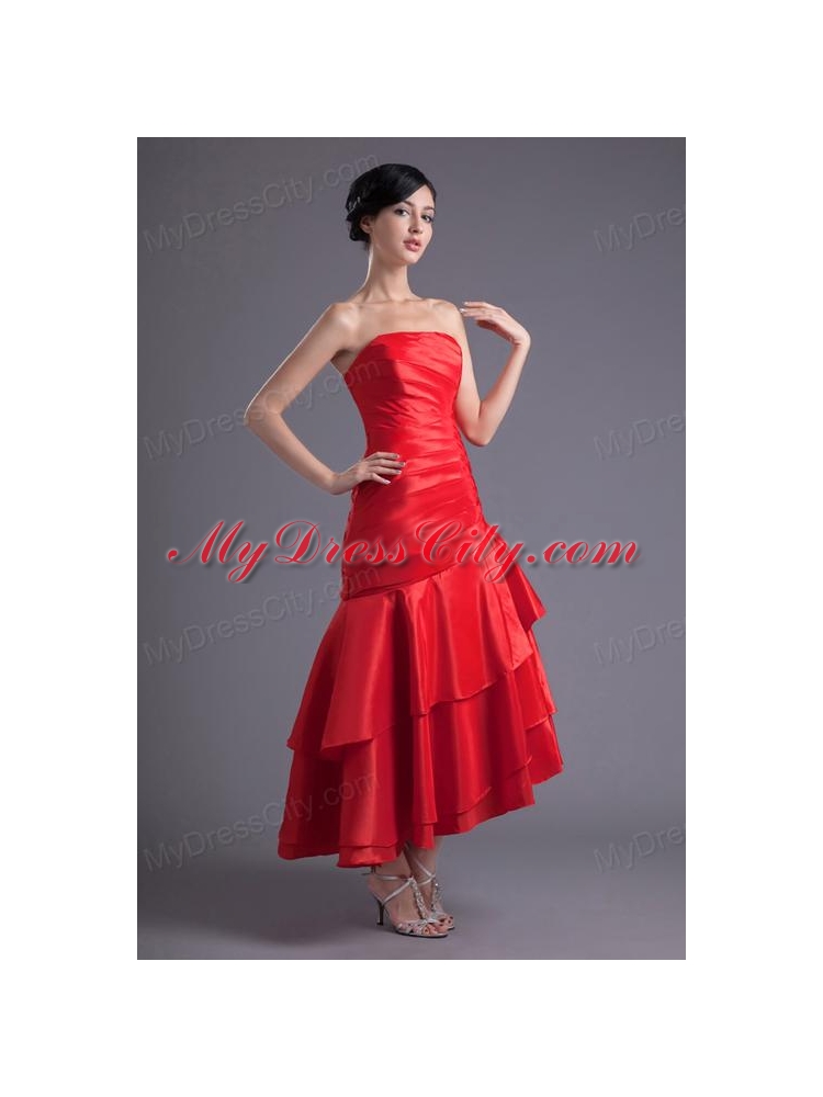 A-line Wine Red Strapless Ruching Asymmetrical Prom Dress