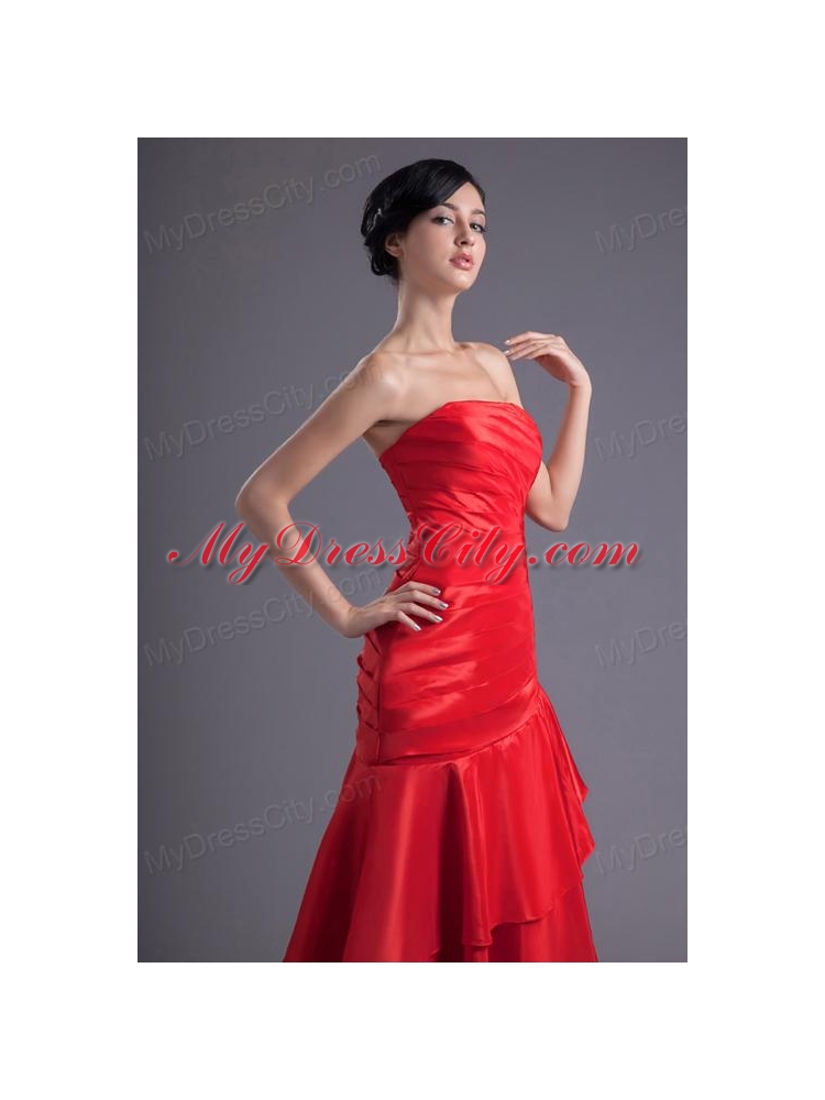 A-line Wine Red Strapless Ruching Asymmetrical Prom Dress