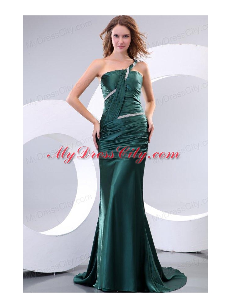 Affordable Mermaid One Shoulder Green Ruching Brush Train Prom Dress