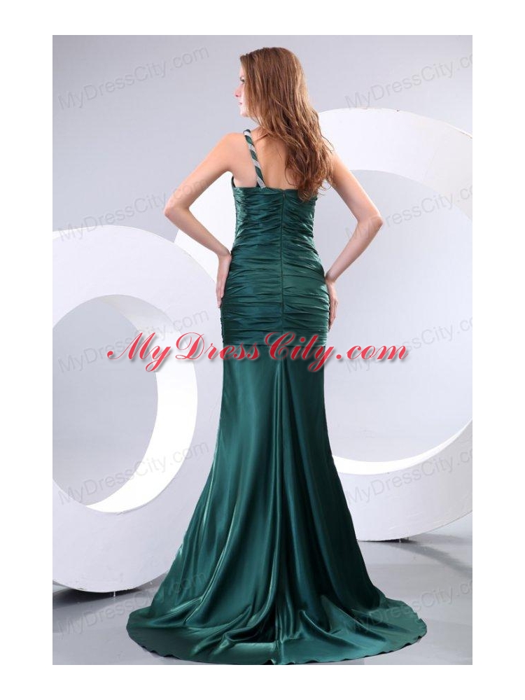 Affordable Mermaid One Shoulder Green Ruching Brush Train Prom Dress