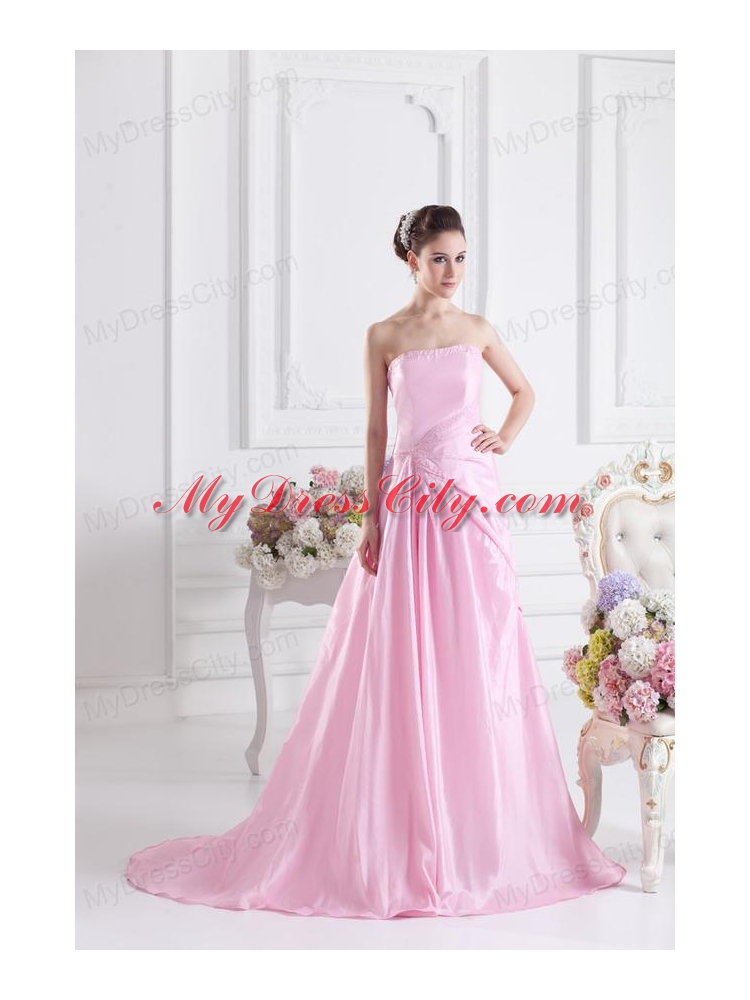 Baby Pink A-line Court Train Strapless Ruching Prom Dress