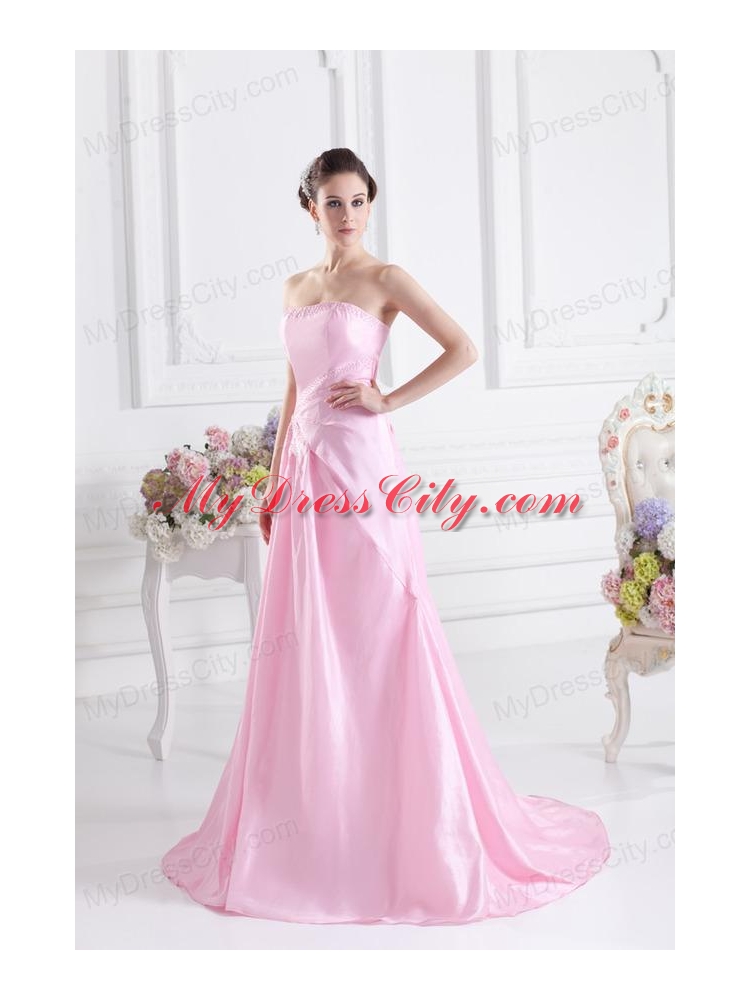 Baby Pink A-line Court Train Strapless Ruching Prom Dress