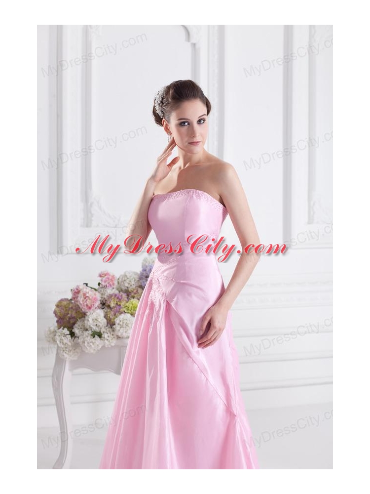 Baby Pink A-line Court Train Strapless Ruching Prom Dress