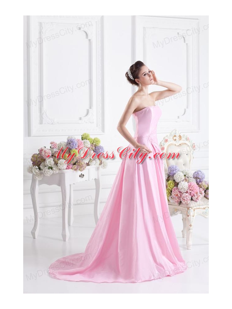 Baby Pink A-line Court Train Strapless Ruching Prom Dress