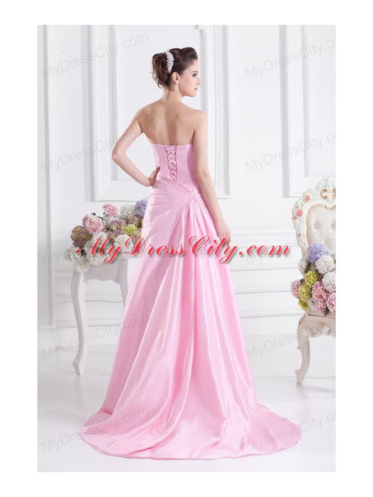 Baby Pink A-line Court Train Strapless Ruching Prom Dress