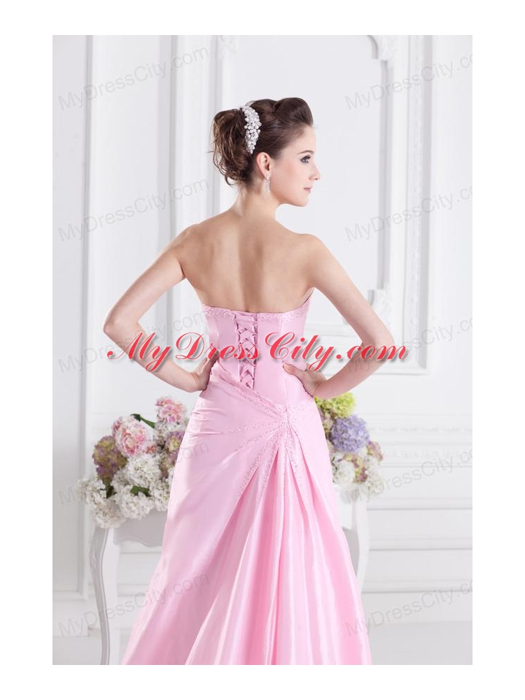 Baby Pink A-line Court Train Strapless Ruching Prom Dress