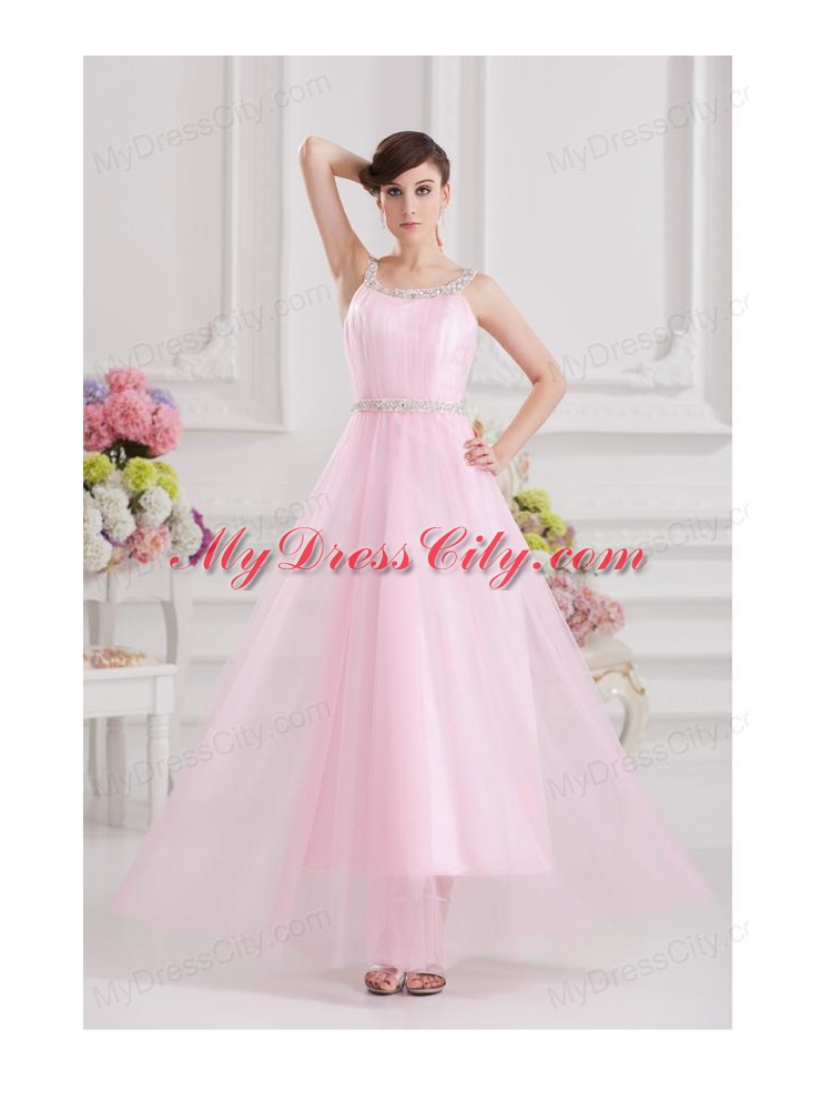 Baby Pink Straps Empire Tulle with Beading Prom Dress