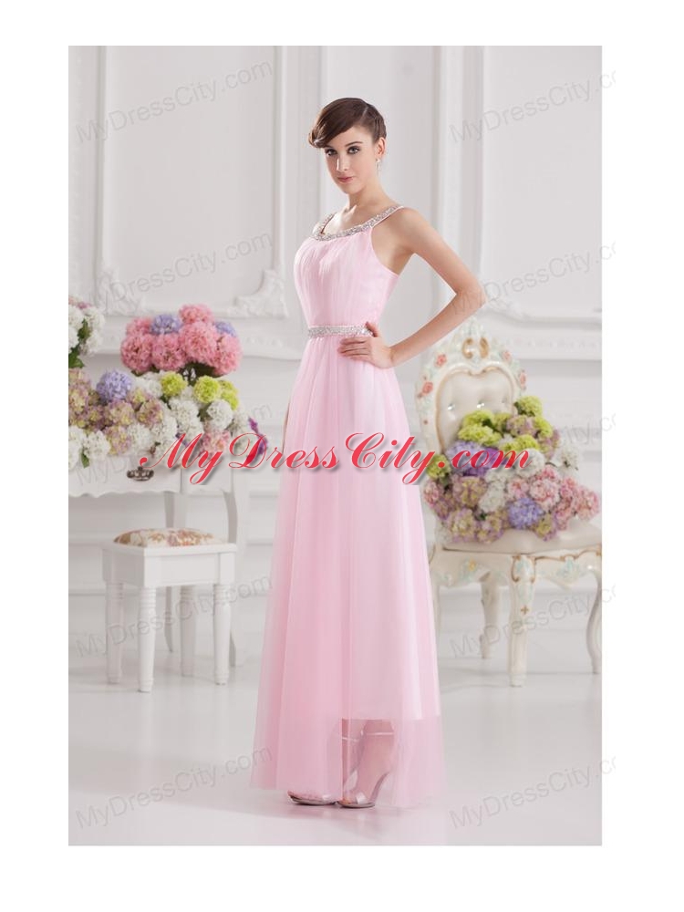 Baby Pink Straps Empire Tulle with Beading Prom Dress