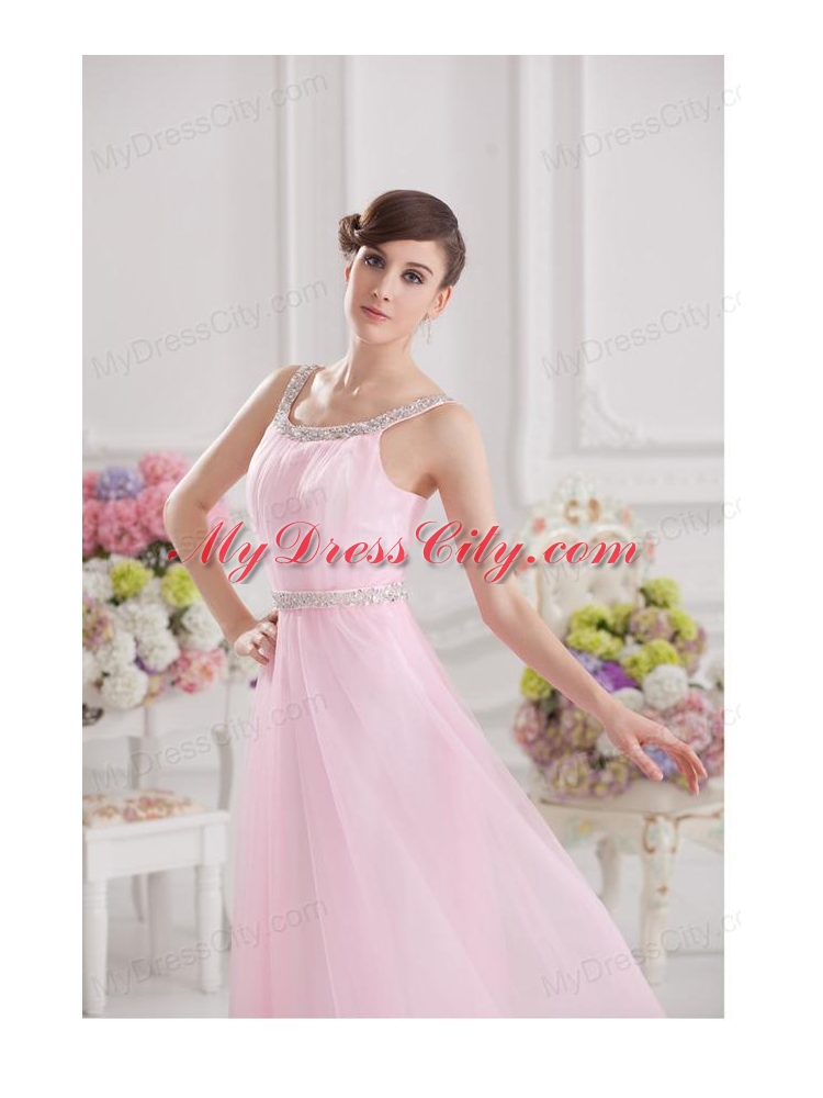 Baby Pink Straps Empire Tulle with Beading Prom Dress