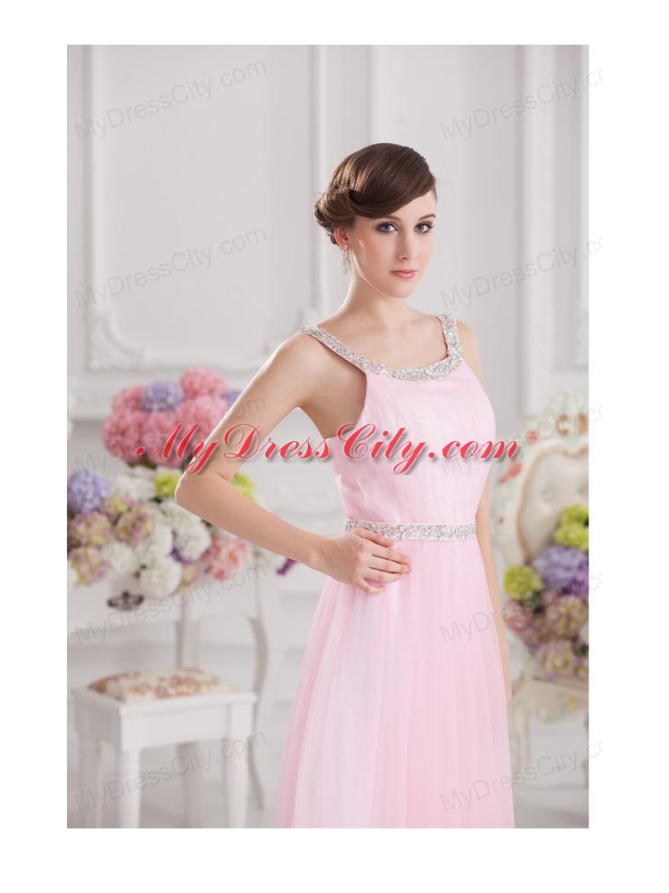 Baby Pink Straps Empire Tulle with Beading Prom Dress