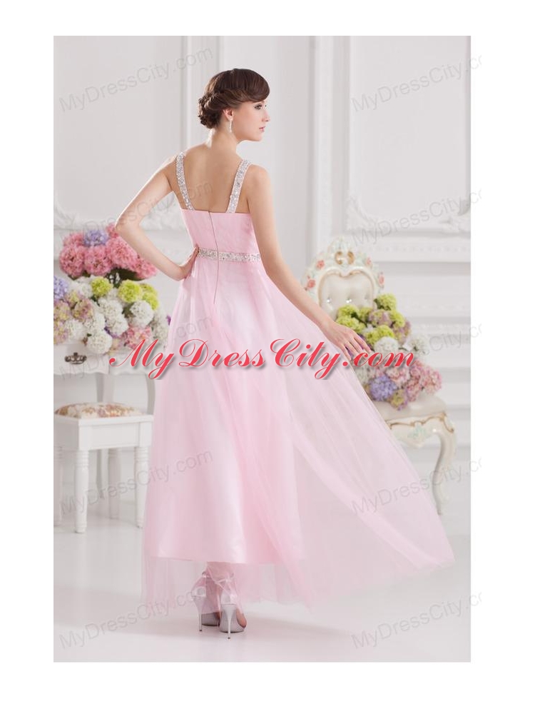 Baby Pink Straps Empire Tulle with Beading Prom Dress