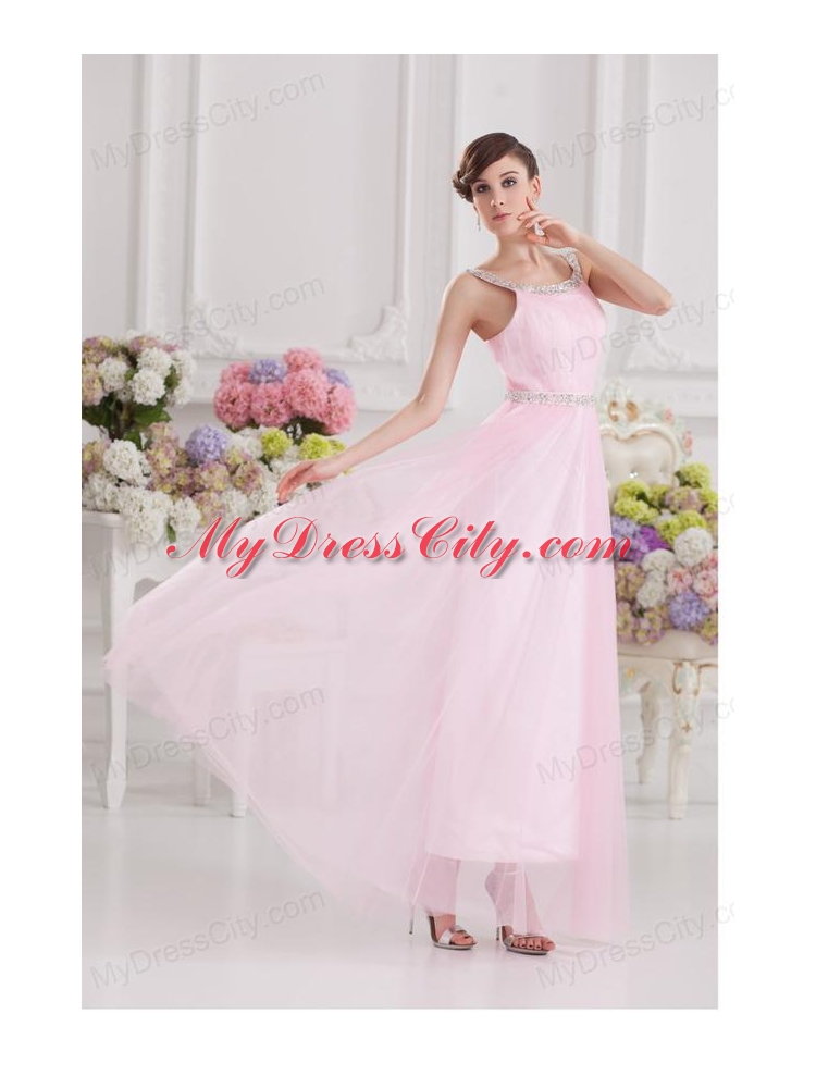 Baby Pink Straps Empire Tulle with Beading Prom Dress