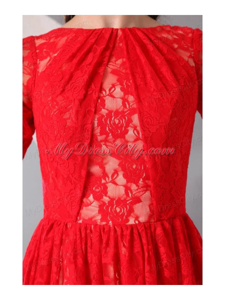 Bateau Lace Fabric Over Skirt Mini-length Prom Dress with Half Sleeves