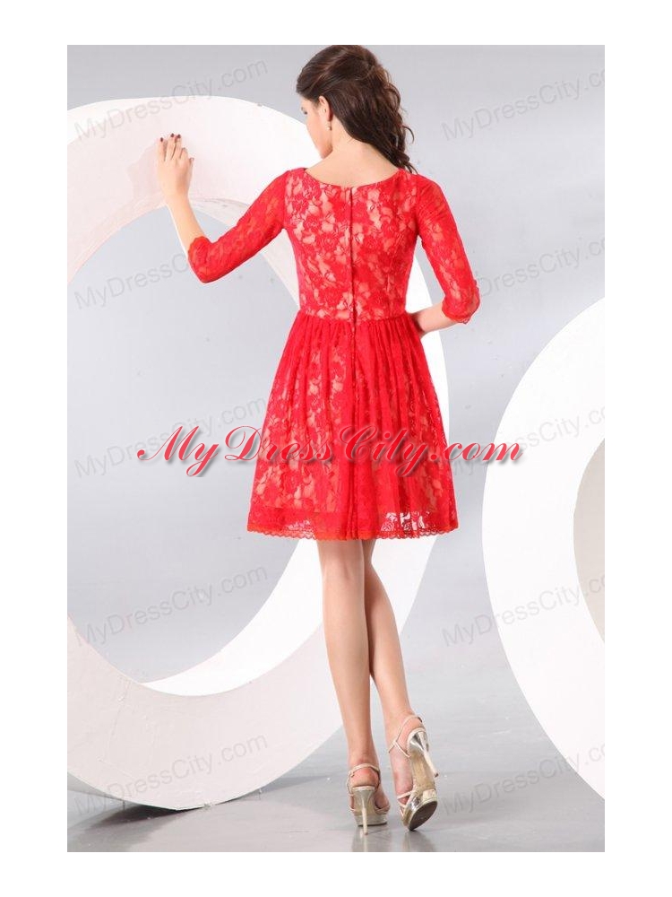 Bateau Lace Fabric Over Skirt Mini-length Prom Dress with Half Sleeves