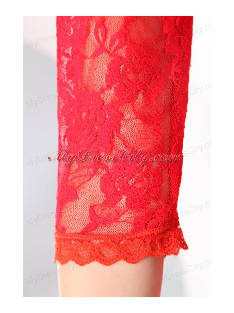 Bateau Lace Fabric Over Skirt Mini-length Prom Dress with Half Sleeves