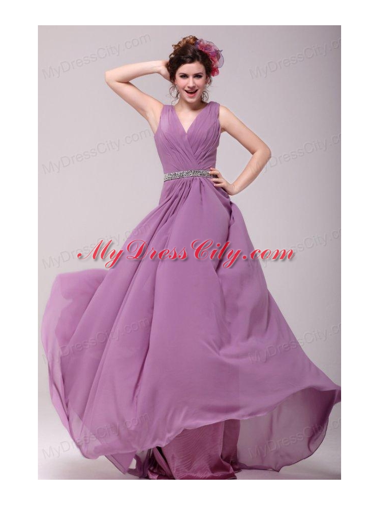 Beaded Decorate Waist V-neck Chiffon Lilac Prom Dress for Girls