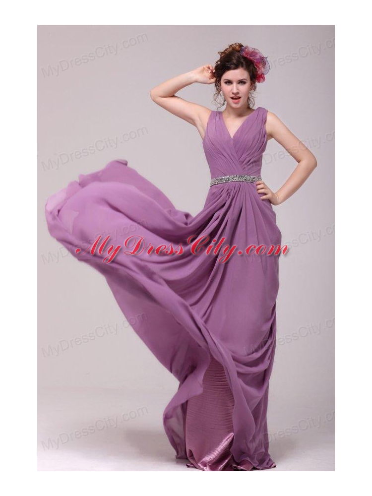 Beaded Decorate Waist V-neck Chiffon Lilac Prom Dress for Girls