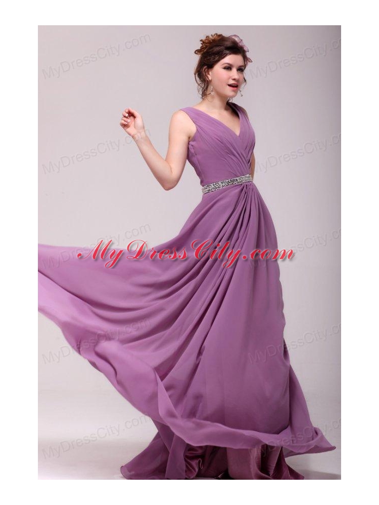 Beaded Decorate Waist V-neck Chiffon Lilac Prom Dress for Girls