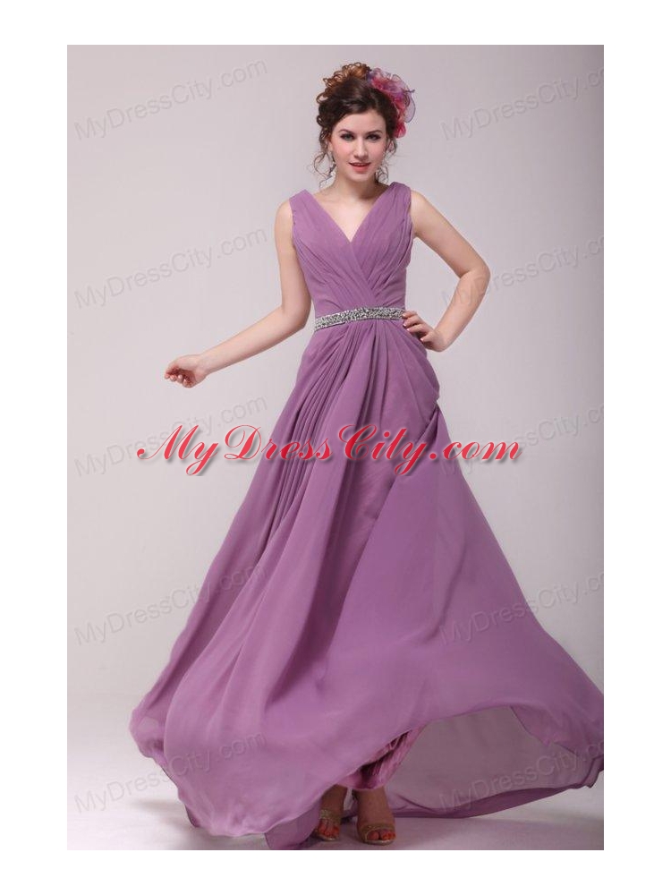 Beaded Decorate Waist V-neck Chiffon Lilac Prom Dress for Girls