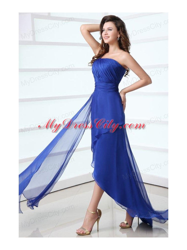 Blue Column One Shoulder Ruching High-low Chiffon Prom Dress