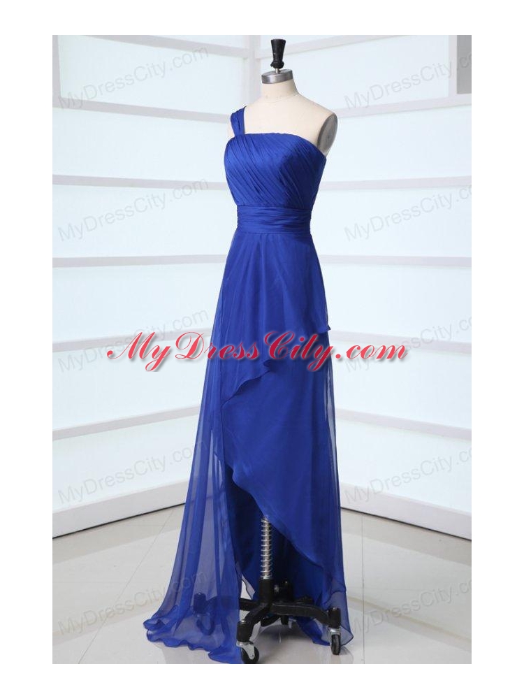 Blue Column One Shoulder Ruching High-low Chiffon Prom Dress