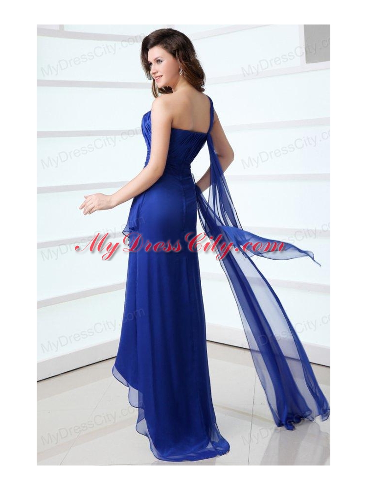 Blue Column One Shoulder Ruching High-low Chiffon Prom Dress