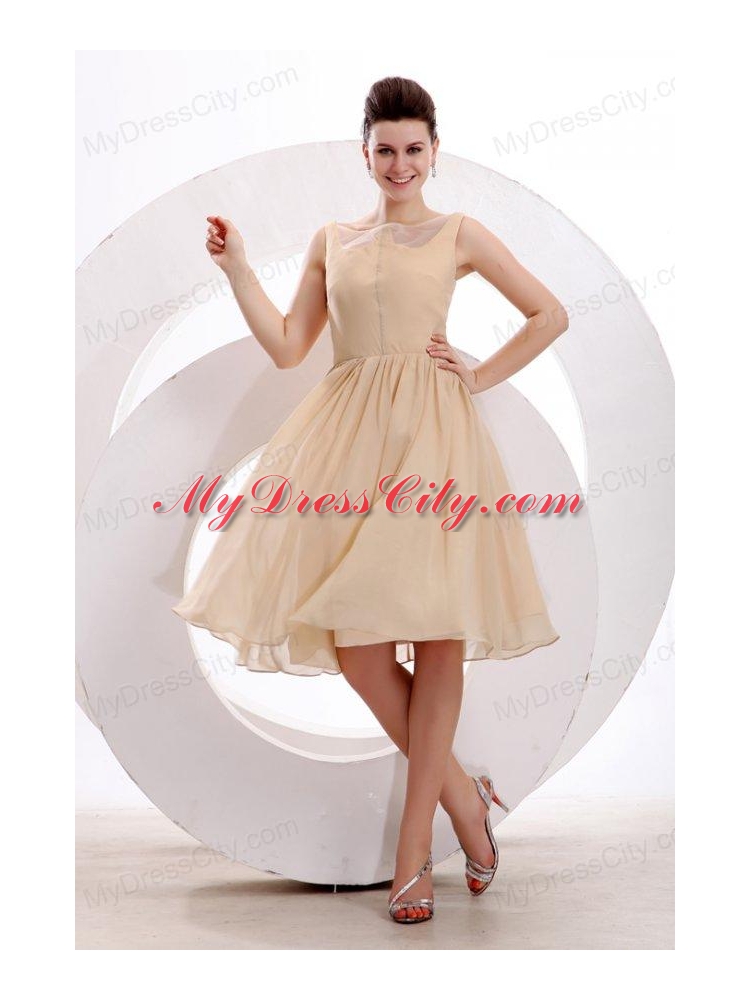 Champagne Bateau Ruching Prom Dress with Chiffon